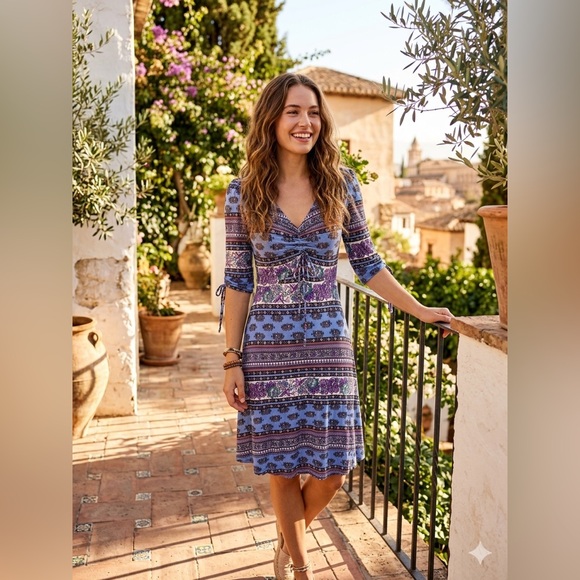 As U Wish Dresses & Skirts - As U Wish Blue and Purple Patterned V-Neck Midi Dress